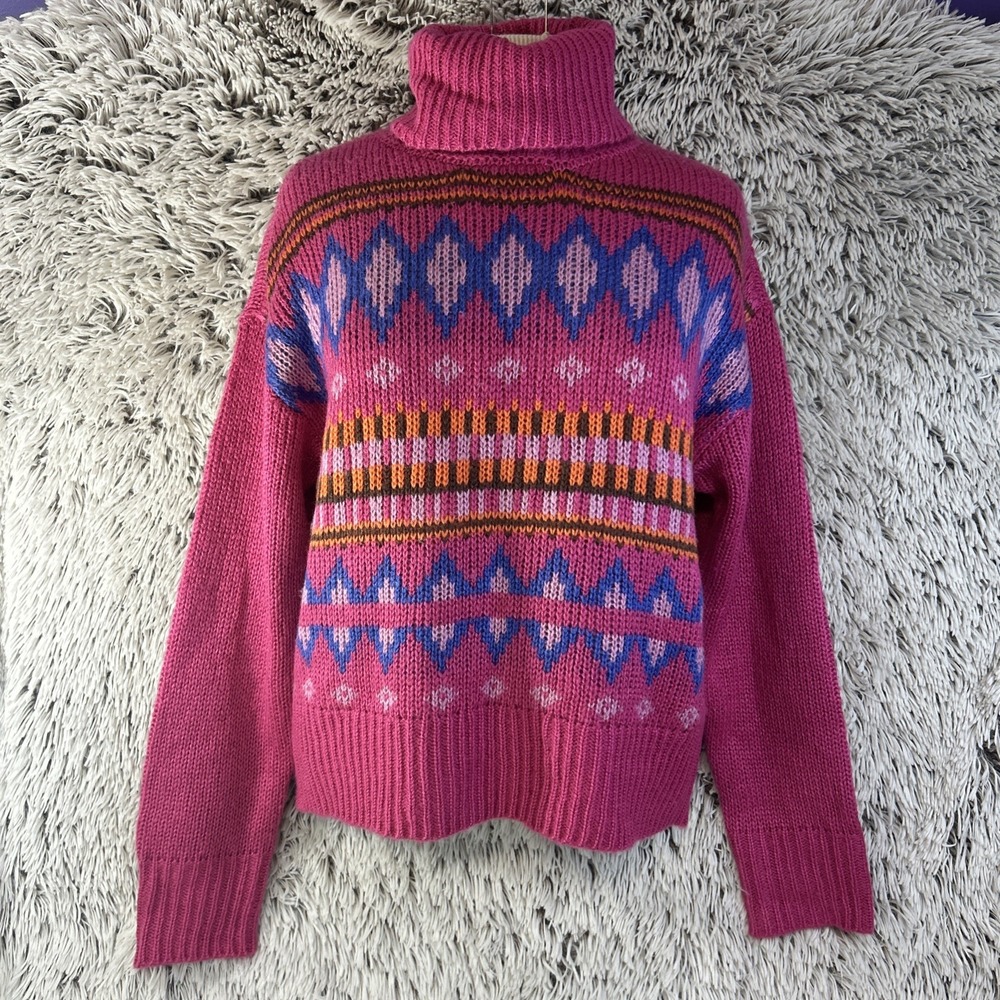 Pink Geometric Fair Isle Knit Pullover Sweater Turtleneck Large Acrylic Colorful
